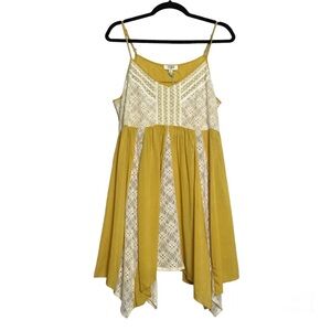 Umgee Yellow Lace Asymmetric Sleeveless Swing Dress Sz M Boho Coquette Hippie